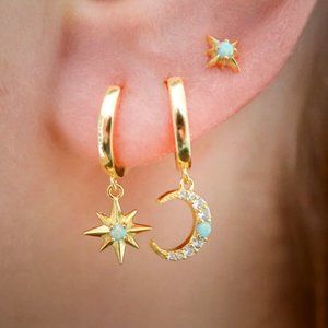 Celestial Moon Star Huggie Gold Vermeil w/ Opal & Cubic Zirconia Dainty Hoops